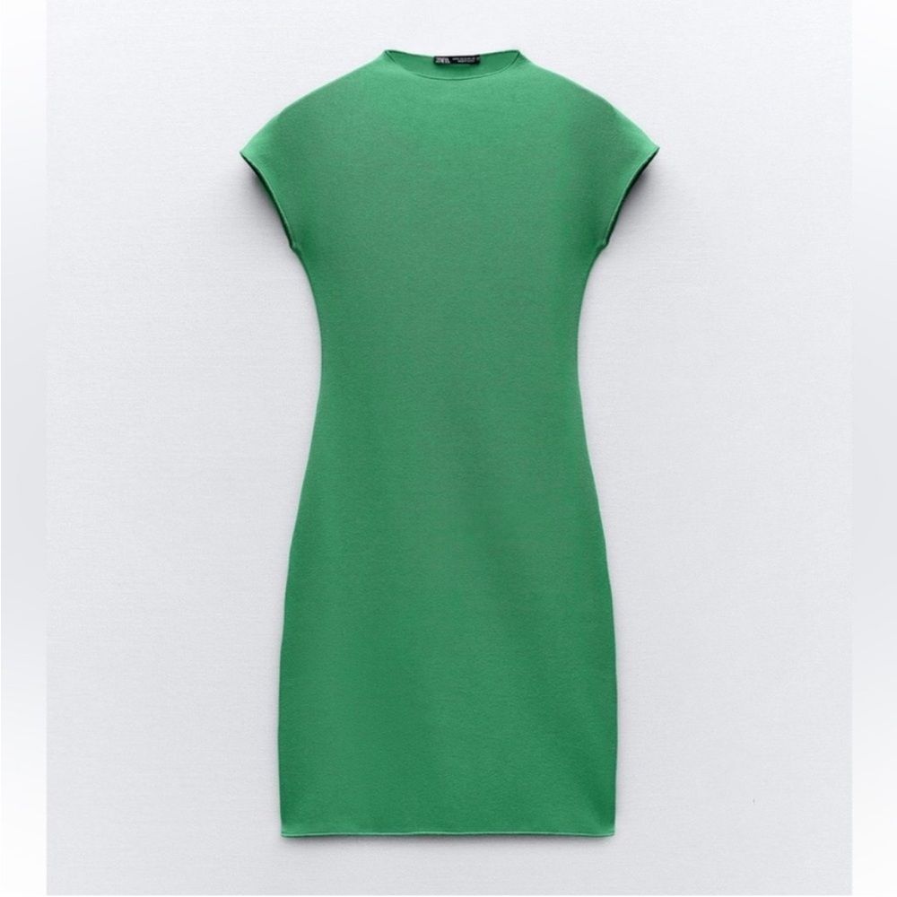 Zara Green Knit Mini Dress Short Sleeve Bodycon - Picture 2 of 8